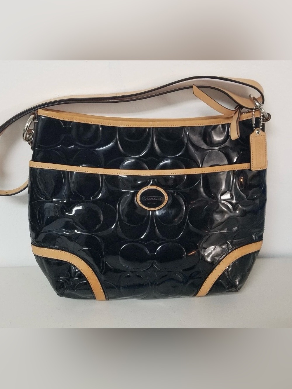 Coach Black Patent Shoulder Bag with Tan Trim